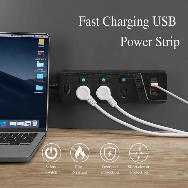 Alt view image 5 of 7 - BOCHLON 6ft Extension Cord with MultipleOutlets, Flat Plug Power Plate with Long Cord, 6Ac Outlets,2 USB A(Qc3.0) and 2 USB-C(PD20W) Ports, Home Office Surge Protection (Black)