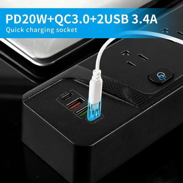 Alt view image 7 of 7 - BOCHLON 6ft Extension Cord with MultipleOutlets, Flat Plug Power Plate with Long Cord, 6Ac Outlets,2 USB A(Qc3.0) and 2 USB-C(PD20W) Ports, Home Office Surge Protection (Black)