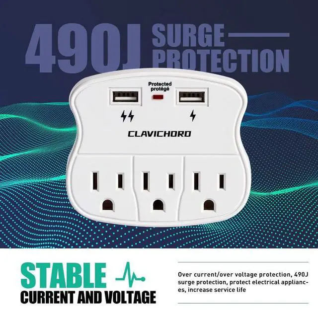 Alt view image 3 of 6 - Multi Plug Wall Outlet, 3 Outlet 2 USB Surge Protector with LED Indicator | 15A 125V 1875W 60Hz, smart fast charging, flame retardant, compact & travel friendly, ETL certified safety for TV/PC/phone