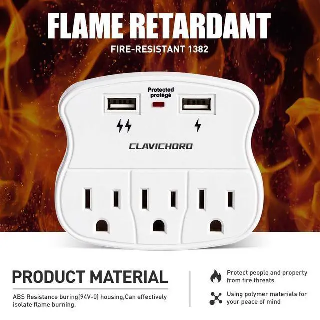 Alt view image 4 of 6 - Multi Plug Wall Outlet, 3 Outlet 2 USB Surge Protector with LED Indicator | 15A 125V 1875W 60Hz, smart fast charging, flame retardant, compact & travel friendly, ETL certified safety for TV/PC/phone