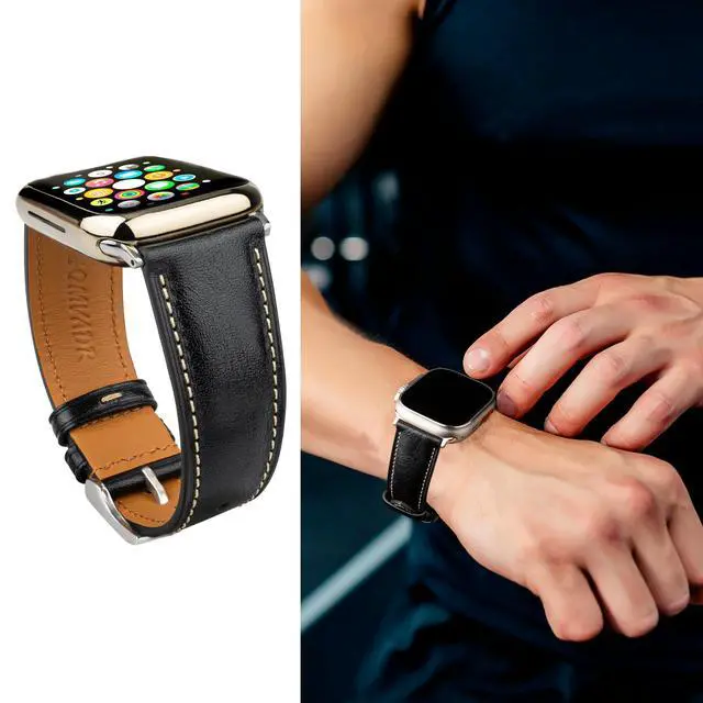 Alt view image 3 of 6 - Leather Bands Compatible with Apple Watch Band 42mm 44mm 45mm 49mm Ultra, Replacement Band Leather Strap for Men iWatch Ultra 3/2/1 Series 9 8 7 6 5 4