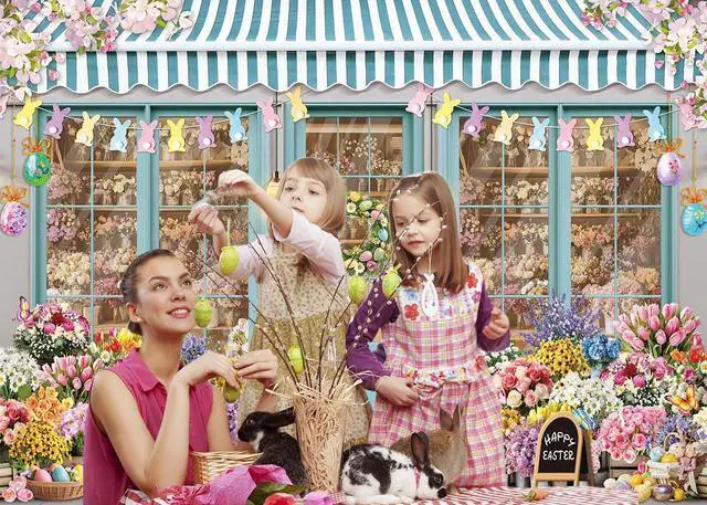 Alt view image 2 of 6 - Easter Bunny Shop Backdrop Spring Flowers Shop Happy Easter Day Photoshoot Background Colorful Tulips Floral Market Party Decoration Banner Booth Props (10x8FT(120x96 inch))
