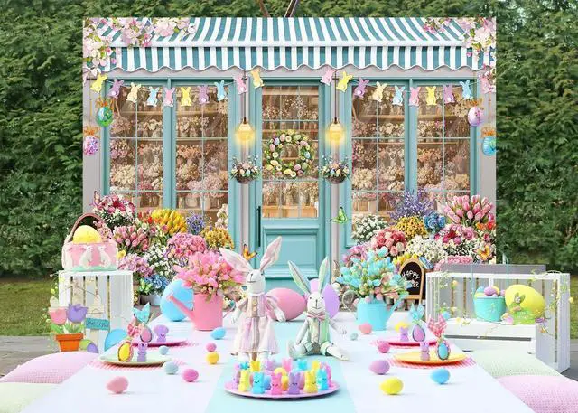 Alt view image 3 of 6 - Easter Bunny Shop Backdrop Spring Flowers Shop Happy Easter Day Photoshoot Background Colorful Tulips Floral Market Party Decoration Banner Booth Props (10x8FT(120x96 inch))