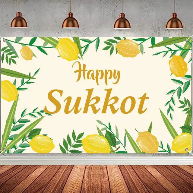 Alt view image 6 of 7 - Happy Sukkot Backdrop Banner with 70.8"X43.3", Happy Sukkah Backdrop Banner, Etrog Lulav Jewish Holiday Photography Background for Photo Booth Wedding Birthday Sukkot Party Decorations