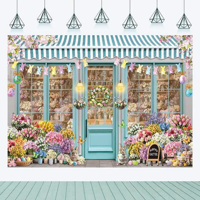 Main image of Easter Bunny Shop Backdrop Spring Flowers Shop Happy Easter Day Photoshoot Background Colorful Tulips Floral Market Party Decoration Banner Booth Props (10x8FT(120x96 inch))