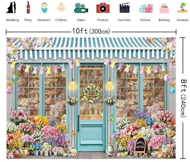 Alt view image 5 of 6 - Easter Bunny Shop Backdrop Spring Flowers Shop Happy Easter Day Photoshoot Background Colorful Tulips Floral Market Party Decoration Banner Booth Props (10x8FT(120x96 inch))