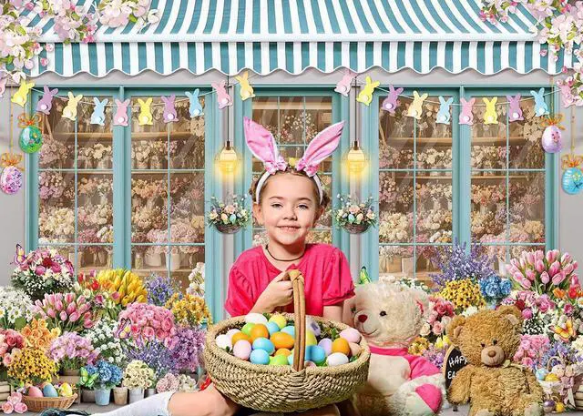 Alt view image 4 of 6 - Easter Bunny Shop Backdrop Spring Flowers Shop Happy Easter Day Photoshoot Background Colorful Tulips Floral Market Party Decoration Banner Booth Props (10x8FT(120x96 inch))