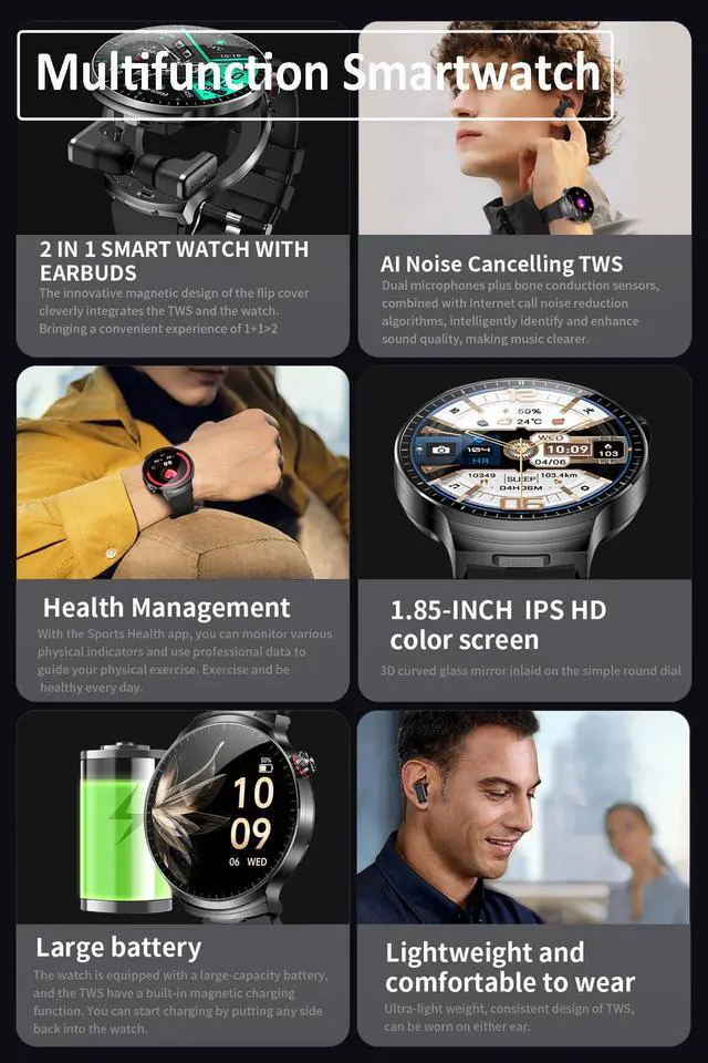 Alt view image 5 of 6 - Smart Watch with Earbuds, 2 in 1 Bluetooth Smart Watch, 1.85" HD IPS Screen Smartwatch for Men Women, Fitness Tracker Long Time Standby Men Women Sports Smartwatch