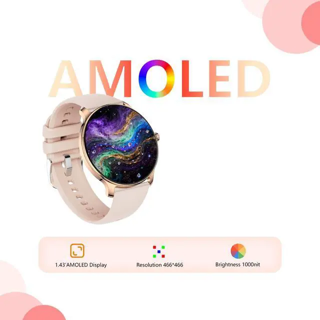 Alt view image 2 of 7 - 1.43 Women's Smart Watch, AMOLED Display, Work with Android/iPhone, Waterproof IP68, Long Battery Life, Fitness & Health Tracker, Heart Rate Monitor, Step Counter, Track Your Workout, Run and More