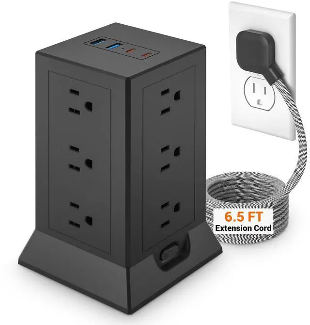 Main image of Surge Protector Power Strip Tower Flat Plug, 6.5 ft Extension Cord with Multiple Outlets, 12 AC Outlets 4 USB Ports (2 USB C) for Home Office Dorm, Black