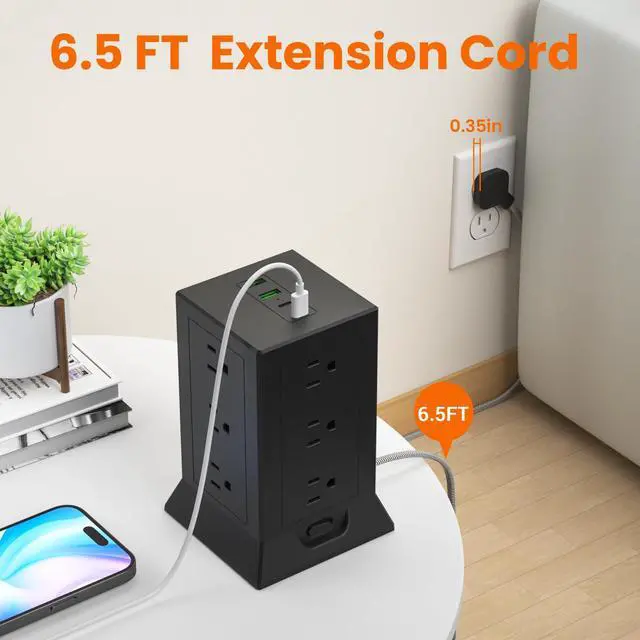 Alt view image 3 of 7 - Surge Protector Power Strip Tower Flat Plug, 6.5 ft Extension Cord with Multiple Outlets, 12 AC Outlets 4 USB Ports (2 USB C) for Home Office Dorm, Black