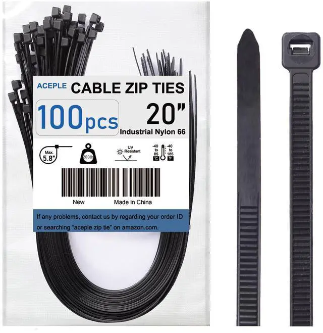 Main image of 100 Pack Heavy Duty 20 Inch Cable Zip Ties, 200lb Extra Large Self-Locking Plastic Wire Ties for Home, Garden and Garage (Black)