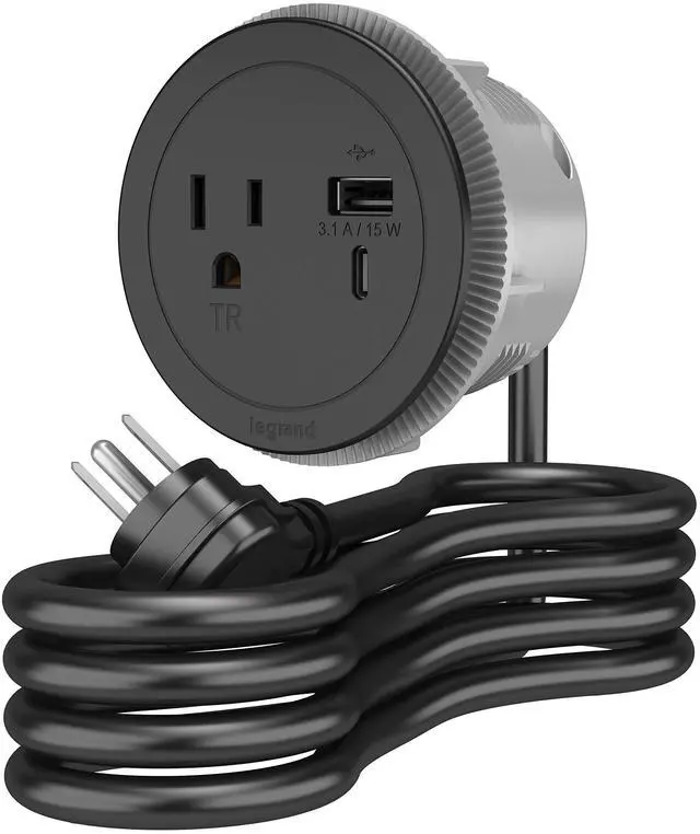 Main image of Legrand RFPCRUAUC-BK Round Furniture Power Center with USB, 1 Outlet, Type A/C USB, 6 Foot Cord, Black