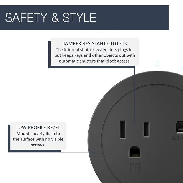 Alt view image 2 of 7 - Legrand RFPCRUAUC-BK Round Furniture Power Center with USB, 1 Outlet, Type A/C USB, 6 Foot Cord, Black