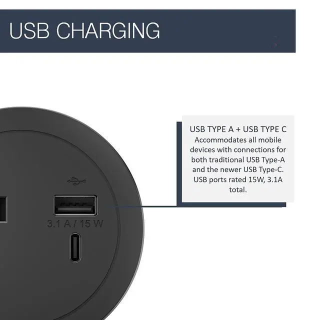 Alt view image 3 of 7 - Legrand RFPCRUAUC-BK Round Furniture Power Center with USB, 1 Outlet, Type A/C USB, 6 Foot Cord, Black