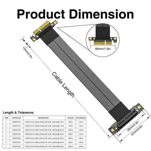 Alt view image 5 of 7 - PCIe 3.0 x4 Extension Cable, Male Straight to Female 90° Right-Angle for GPU/SSD/Server, Model P322MF1515, 15cm/0.49ft