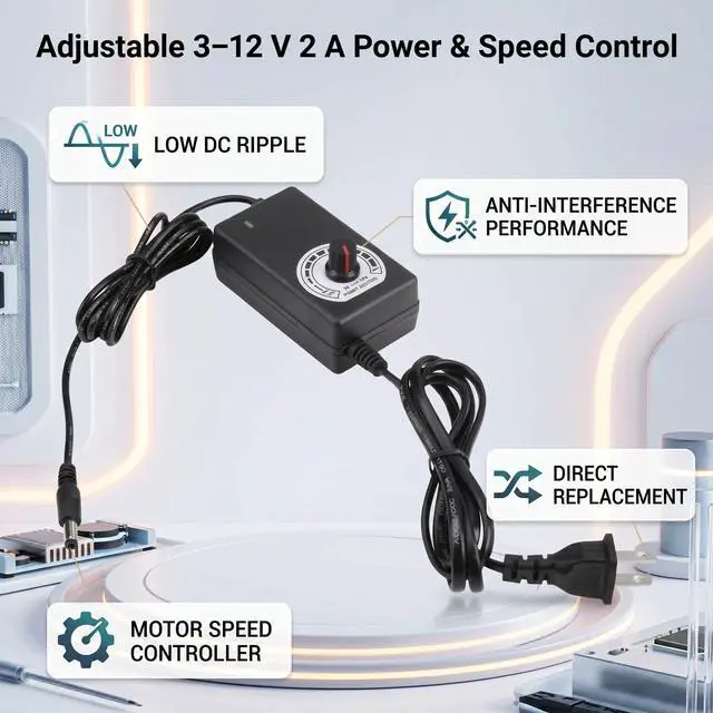 Alt view image 3 of 5 - AC to DC Adapter Converter 3-12V 2A Adjustable Power Supply Motor Speed Controller with US Plug