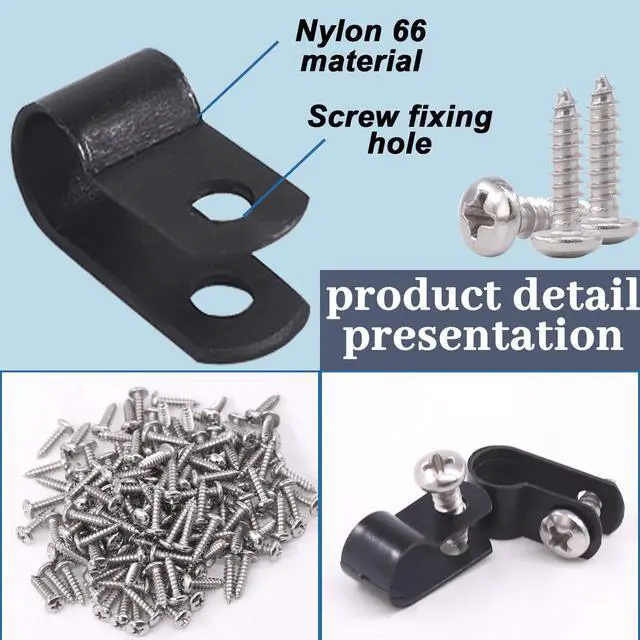 Alt view image 4 of 7 - 120Pcs 1/4 Inch Black Nylon Screw Mounting R-Type Cable Clip Wire Clamp with 120Pcs Screws for Wire, Cable, Conduit and Cable Conduit Kit (Black)