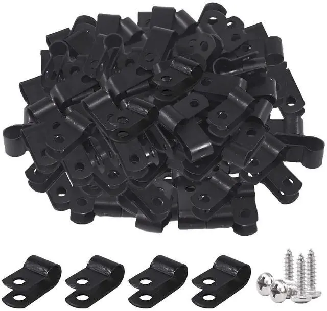 Main image of 120Pcs 1/4 Inch Black Nylon Screw Mounting R-Type Cable Clip Wire Clamp with 120Pcs Screws for Wire, Cable, Conduit and Cable Conduit Kit (Black)