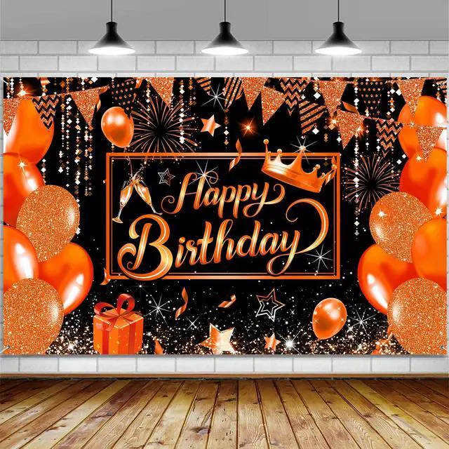 Main image of Orange Happy Birthday Party Banner Backdrop, Orange and Black Balloons Large Banner Party Decorations Supplies for Men Women, Birthday Indoor Outdoor Sign Poster Background Decor 72X44 Inch