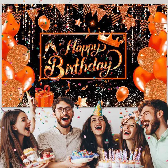 Alt view image 2 of 5 - Orange Happy Birthday Party Banner Backdrop, Orange and Black Balloons Large Banner Party Decorations Supplies for Men Women, Birthday Indoor Outdoor Sign Poster Background Decor 72X44 Inch