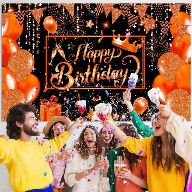 Alt view image 3 of 5 - Orange Happy Birthday Party Banner Backdrop, Orange and Black Balloons Large Banner Party Decorations Supplies for Men Women, Birthday Indoor Outdoor Sign Poster Background Decor 72X44 Inch