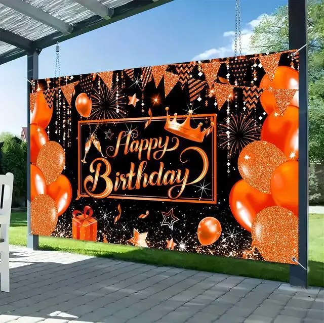 Alt view image 4 of 5 - Orange Happy Birthday Party Banner Backdrop, Orange and Black Balloons Large Banner Party Decorations Supplies for Men Women, Birthday Indoor Outdoor Sign Poster Background Decor 72X44 Inch
