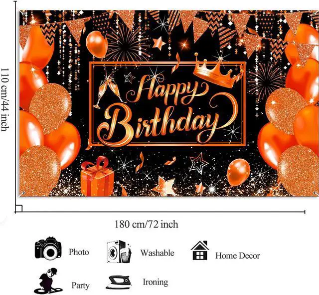 Alt view image 5 of 5 - Orange Happy Birthday Party Banner Backdrop, Orange and Black Balloons Large Banner Party Decorations Supplies for Men Women, Birthday Indoor Outdoor Sign Poster Background Decor 72X44 Inch