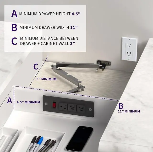 Alt view image 4 of 6 - Compact in-Drawer Charging Station Power Strip with 2 USB-A, 2 USB-C, AC Outlet, Black, LF-DOC1