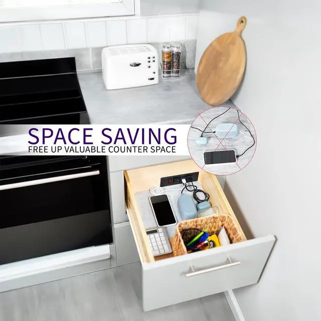 Alt view image 6 of 6 - Compact in-Drawer Charging Station Power Strip with 2 USB-A, 2 USB-C, AC Outlet, Black, LF-DOC1