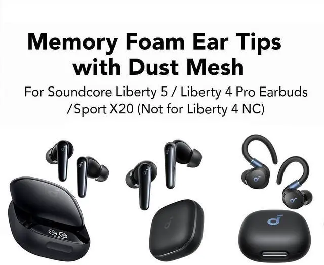 Alt view image 2 of 7 - Memory Foam Ear Tips with Dust Mesh for Anker Soundcore Liberty 5 / Liberty 4 Pro Earbuds/Sport X20 (Not for Liberty 4 NC), Anti-Slip Replacement Ear Tip, No Silicone Pain, 3 Pairs (SML)