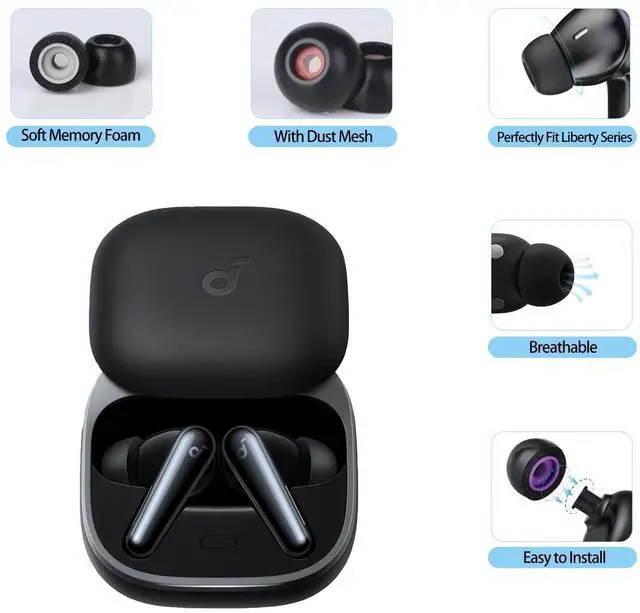 Alt view image 3 of 7 - Memory Foam Ear Tips with Dust Mesh for Anker Soundcore Liberty 5 / Liberty 4 Pro Earbuds/Sport X20 (Not for Liberty 4 NC), Anti-Slip Replacement Ear Tip, No Silicone Pain, 3 Pairs (SML)