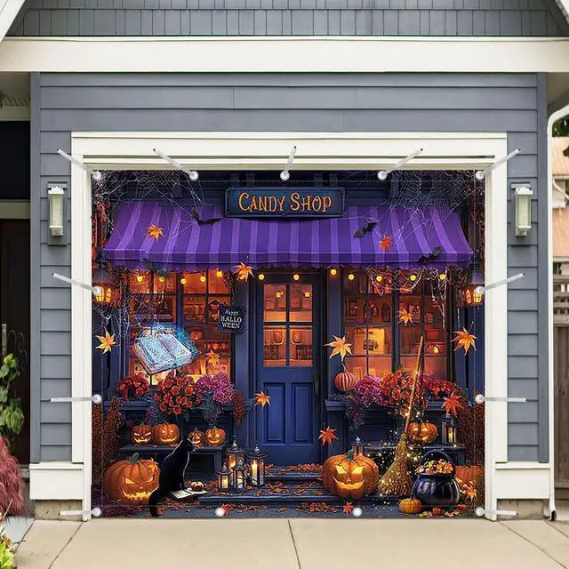 Main image of 1PC 8x7ft Halloween Candy Shop Garage Door Banner Decorations | Magic Witch Pumpkin Photography Backdrop, Maple Night Wall Cover, Outdoor Holiday Party Supplies, Polyester, With Ribbon