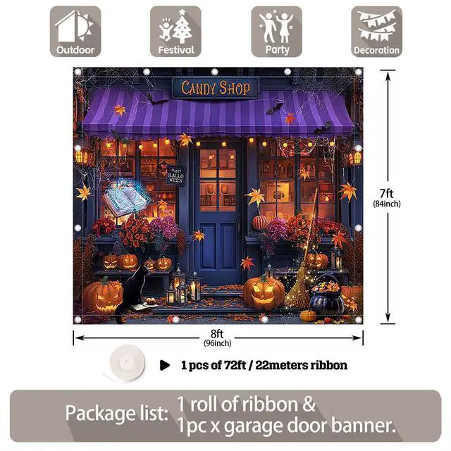 Alt view image 2 of 5 - 1PC 8x7ft Halloween Candy Shop Garage Door Banner Decorations | Magic Witch Pumpkin Photography Backdrop, Maple Night Wall Cover, Outdoor Holiday Party Supplies, Polyester, With Ribbon