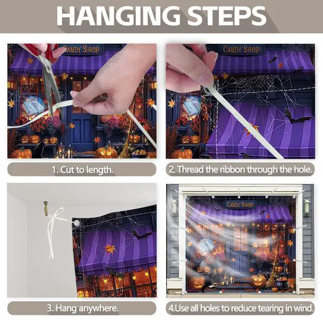 Alt view image 3 of 5 - 1PC 8x7ft Halloween Candy Shop Garage Door Banner Decorations | Magic Witch Pumpkin Photography Backdrop, Maple Night Wall Cover, Outdoor Holiday Party Supplies, Polyester, With Ribbon