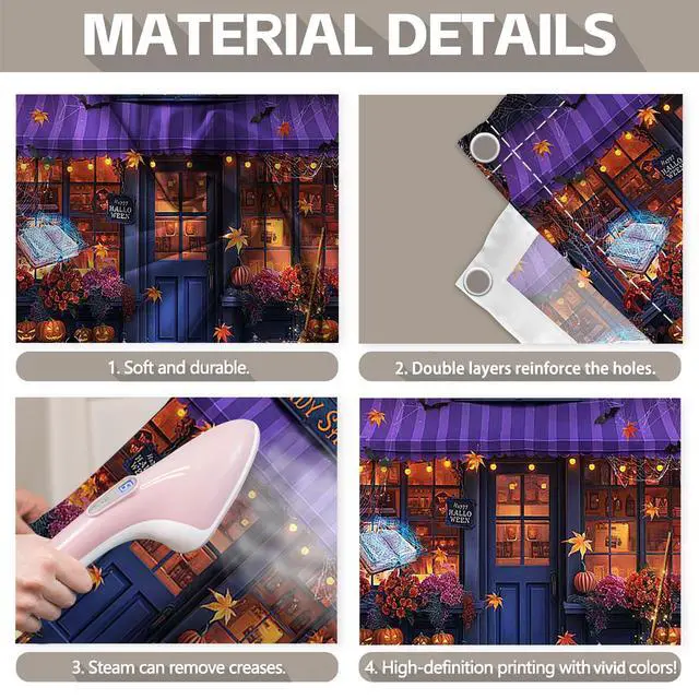 Alt view image 4 of 5 - 1PC 8x7ft Halloween Candy Shop Garage Door Banner Decorations | Magic Witch Pumpkin Photography Backdrop, Maple Night Wall Cover, Outdoor Holiday Party Supplies, Polyester, With Ribbon