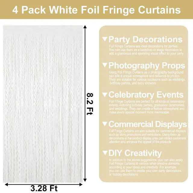 Alt view image 2 of 7 - 4 Pack Macaron White Wave Foil Fringe Curtain Backdrop, 3.28Ft x 8.2Ft Metallic Tinsel Foil Fringe Streamer Curtains for Photo Booth, Mother's Day, Easter, Birthday, Wedding Party Decoration