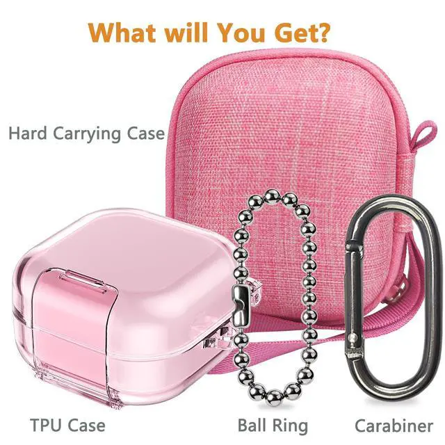 Alt view image 2 of 7 - Case for Samsung Galaxy Buds 4 Pro/Galaxy Buds 4 Accessories | Hard Carrying Case and Shockproof Protective Cover with Ball Ring and Metal Carabiner, for Men and for Women (Pink)