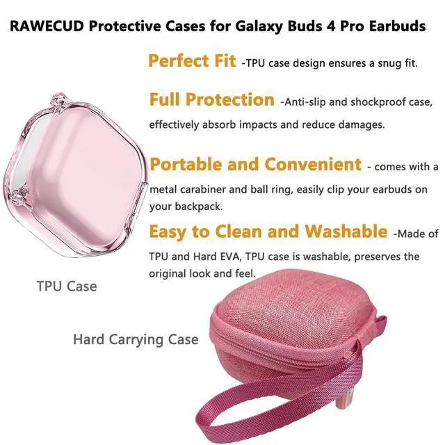 Alt view image 5 of 7 - Case for Samsung Galaxy Buds 4 Pro/Galaxy Buds 4 Accessories | Hard Carrying Case and Shockproof Protective Cover with Ball Ring and Metal Carabiner, for Men and for Women (Pink)