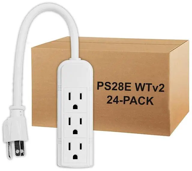 Main image of Uninex PS28E WTv2 Compact Grounded 3-Outlet Power Strip, 1-Foot | Value Pack, ETL Listed, 24-Pack