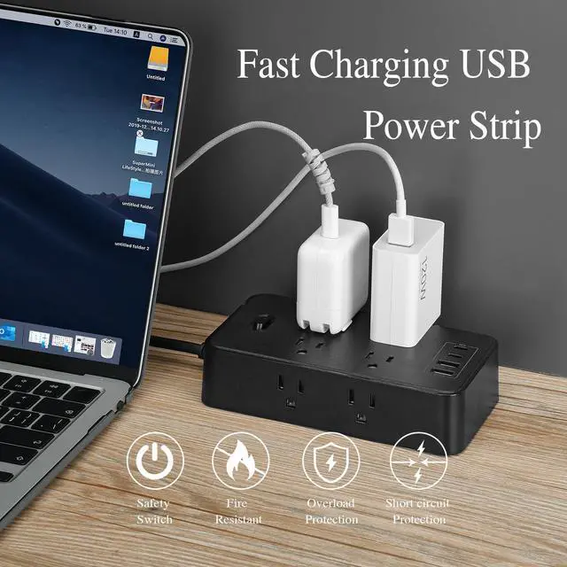 Alt view image 5 of 7 - Power Strip, 6-Foot Surge ProtectorExtension Cord with Multiple Outlets, 8 Outlets 4USB Ports (2 USB-C) for Home Office (Black)