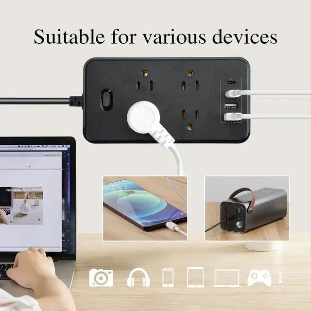 Alt view image 6 of 7 - Power Strip, 6-Foot Surge ProtectorExtension Cord with Multiple Outlets, 8 Outlets 4USB Ports (2 USB-C) for Home Office (Black)