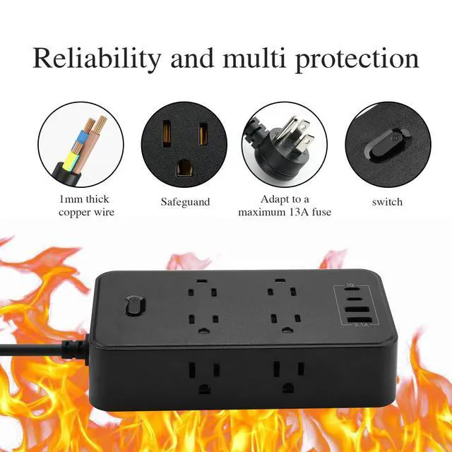 Alt view image 2 of 7 - Power Strip, 6-Foot Surge ProtectorExtension Cord with Multiple Outlets, 8 Outlets 4USB Ports (2 USB-C) for Home Office (Black)