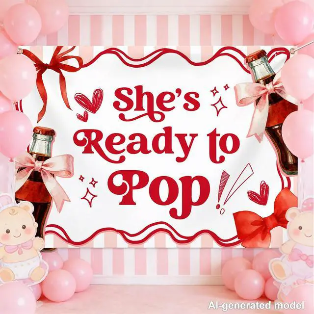 Alt view image 4 of 6 - She's Ready to Pop Background Shes About to Pop Baby Shower Decoration Retro Soda Gender Reveal Birthday Party Decoration Red Brown 7×5ft
