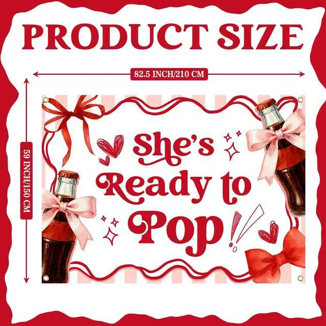 Alt view image 3 of 6 - She's Ready to Pop Background Shes About to Pop Baby Shower Decoration Retro Soda Gender Reveal Birthday Party Decoration Red Brown 7×5ft