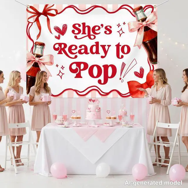 Alt view image 6 of 6 - She's Ready to Pop Background Shes About to Pop Baby Shower Decoration Retro Soda Gender Reveal Birthday Party Decoration Red Brown 7×5ft