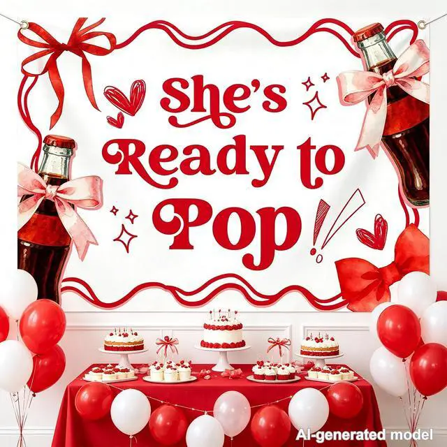 Alt view image 5 of 6 - She's Ready to Pop Background Shes About to Pop Baby Shower Decoration Retro Soda Gender Reveal Birthday Party Decoration Red Brown 7×5ft