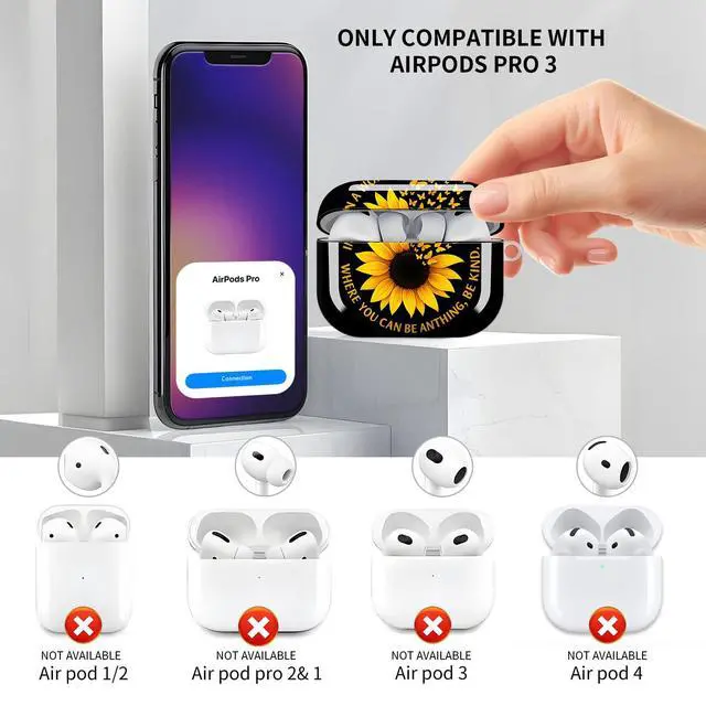 Alt view image 3 of 6 - Compatible with AirPod Pro 3 Case, Cute Hard TPU Protective Cover with Keychain, Shockproof Design Case for Women & Girls,Be Kind Sunflower