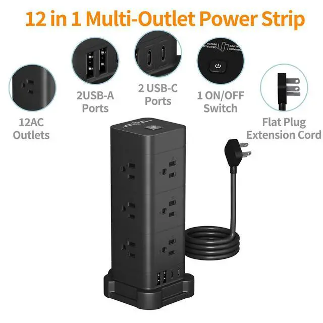 Alt view image 2 of 7 - Tower Power Strip with Surge Protection (12 AC, 4 USB, 5ft, Black) | Fast Charging, 1875W Overload Protection, for Home Office Dorm Room