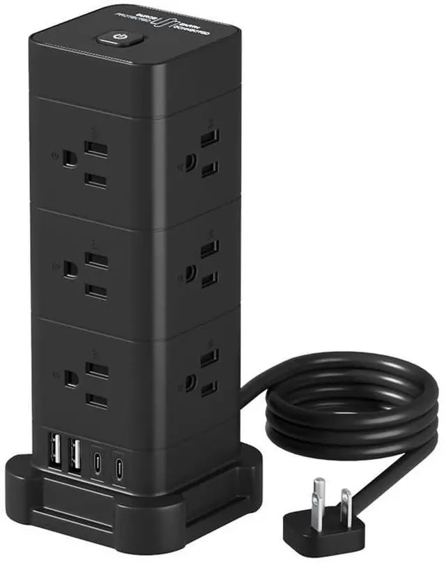 Main image of Tower Power Strip with Surge Protection (12 AC, 4 USB, 5ft, Black) | Fast Charging, 1875W Overload Protection, for Home Office Dorm Room